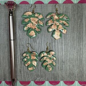 Polymer Clay Green and Rose Gold Leaf Earrings